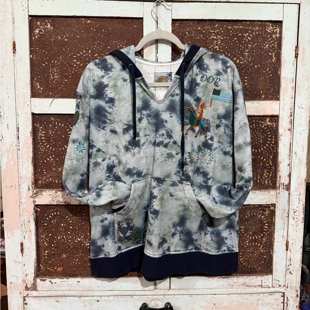 Double D Ranch Tie-Dye Hoodie with Embroidered Horse and Patches